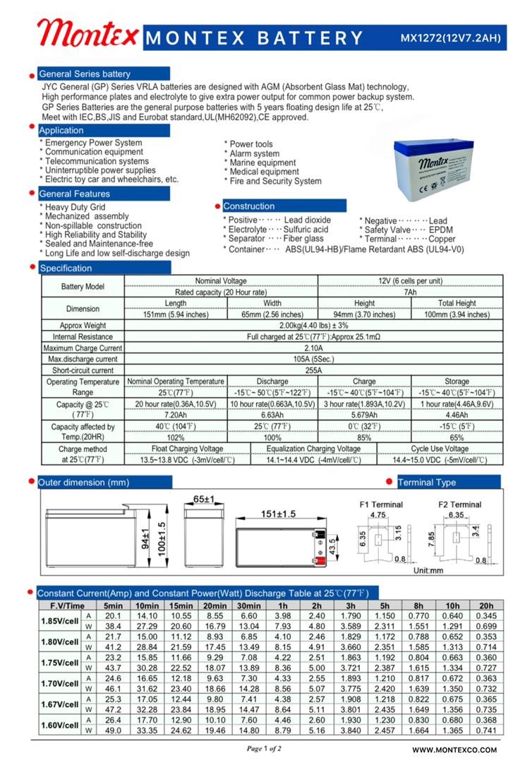 مشخصات جدول باتری سیلد اسید 12 ولت 7.2 آمپر مونتکس (12v-7.2A montex)